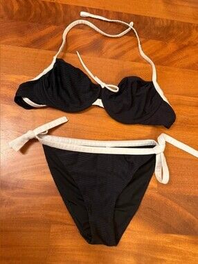 Women’s Black Bikini Set with White Trim - Tie-Side Swimwear